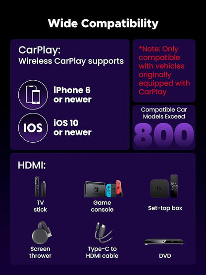 2-in-1 Wireless CarPlay Adapter & Car TV Mate Pro 2026 [Metal & Glass Case] Convert Wired to Wireless Car Play with HDMI Input for TV Stick, Screen Mirroring & Streaming, Fit for 2016+ Cars -Black