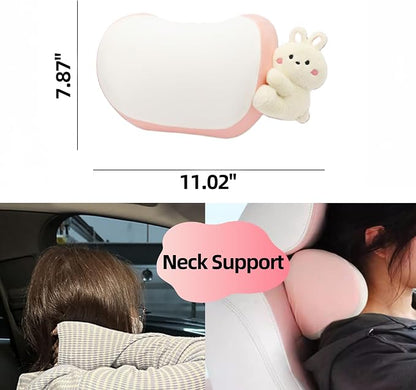 Car Headrest Pillow 2PCS Bear or Bunny Car Seat Neck Pillow Car Decor Memory Foam Neck Support Cushions for Comfortable Driving, Easy Install & Washable (Pink)
