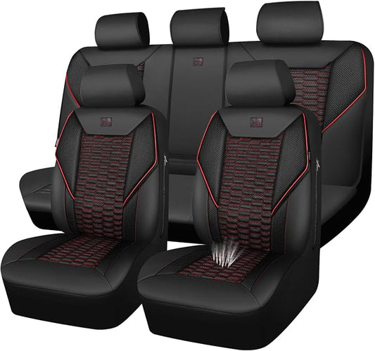 CAR PASS 3D Foam Mesh Leather Car Seat Covers Full Set,Breathable Mesh Faux Leather Seat Covers for Car,Universal Fit for SUV Truck Sedan Automotive, Armrest Airbag Compatible,Black and Red