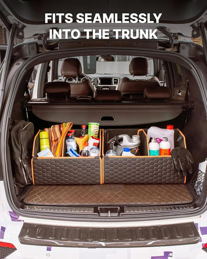 Owleys Rear Cargo Organizer For SUV | Set Of 17.7" & 21.6" Eco-Leather Crates | Foldable Car Storage With Magnetic Lids | Durable Car Trash Bin & Tote | Stylish Gifts For Boyfriend | Black-Brown