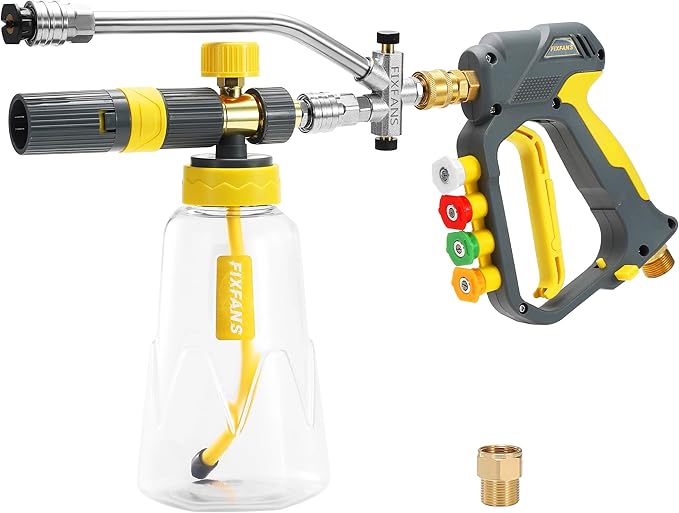 FIXFANS Foam Cannon Gun Dual Connector Accessory for Pressure Washer, Double Tip Attachment Soap Cannon with Power Washer Short Gun, Car Wash Foam Gun Kit, 1/4" Quick Connect, 5 Nozzle Tips