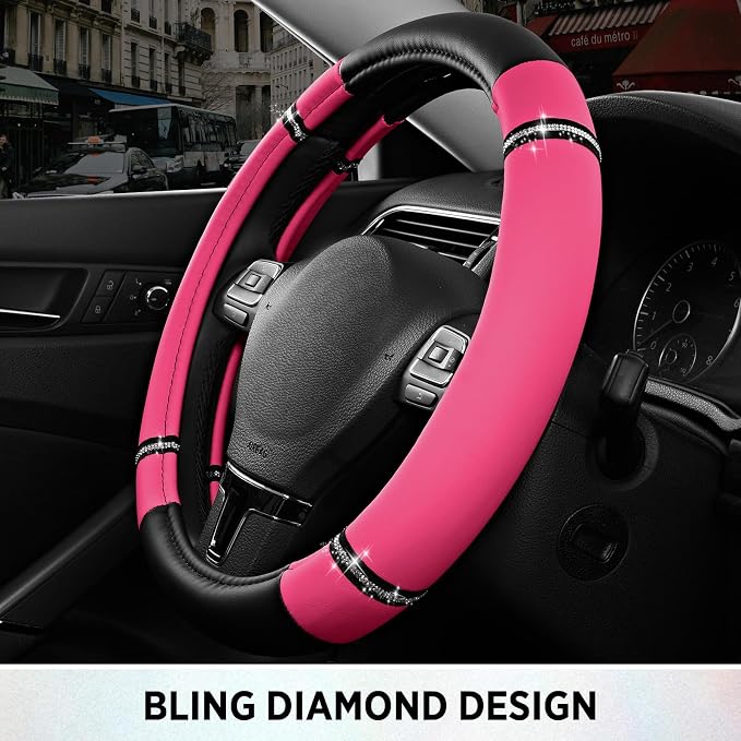Road Comfort Leather Steering Wheel Cover – Premium Anti-Slip Car Steering Wheel Grip Cover – Universal Fit for 14.5”–15” Cars, Trucks & SUVs - Hotpink