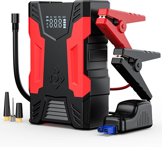 Portable Car Jump Starter with Air Compressor, 3000A Car Battery Booster (9.0L Gas/6.5L Diesel) with 150PSI Auto-Shutoff Tire Inflator, 12V Supersafe Lithium Jump Box Car Battery Jumper Starter