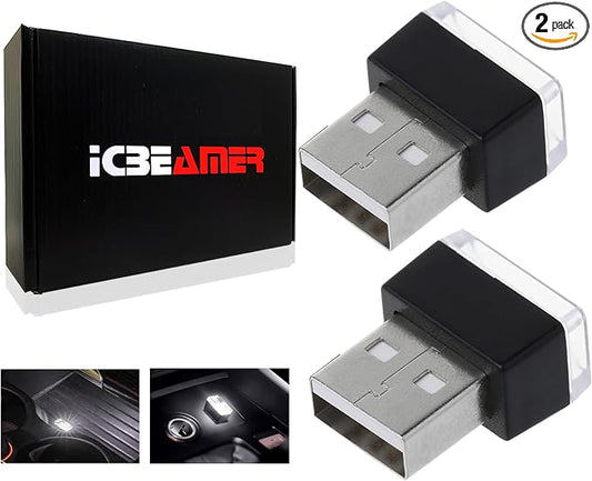 ICBEAMER USB Type-A LED Night Light 2-Pack (White) | Plug-in Universal Fit Automotive Accessory for Car Interior and Trunk Ambient Atmosphere Lighting