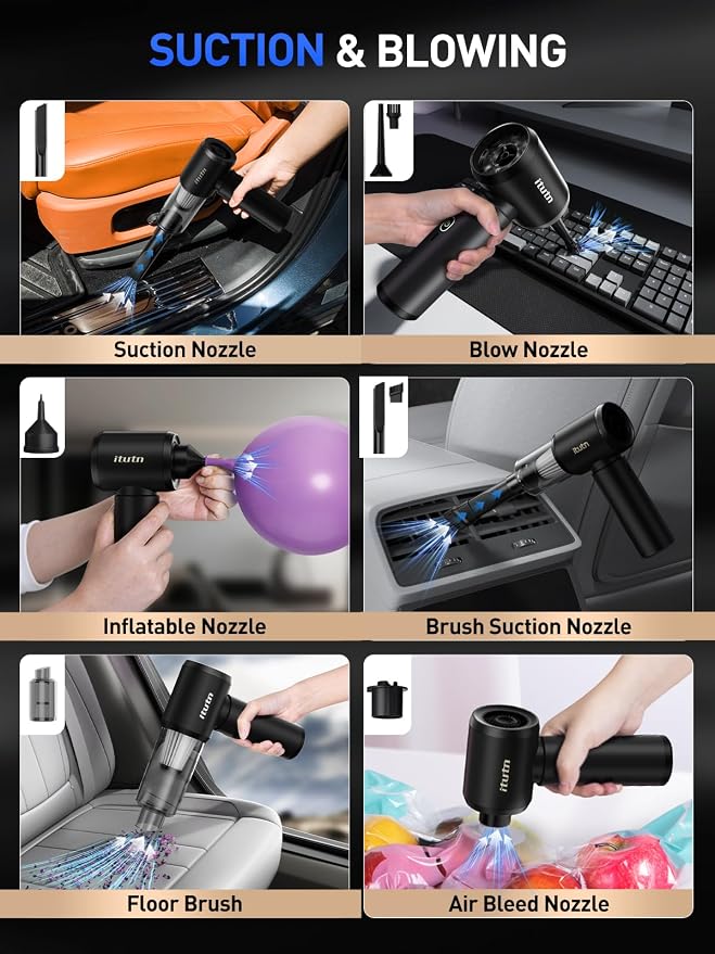 Mini Car Vacuum Portable Cordless with LED Light, 12000PA Powerful Suction, 80W High Power, Dual Hepa Filter, Car Vacuum Cleaner & Air Duster for Home, Desk, PC, Keyboard