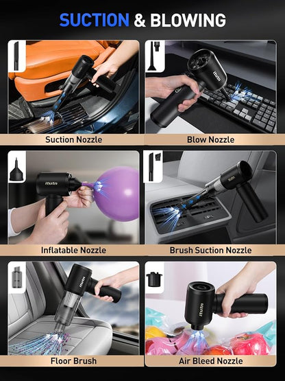 Mini Car Vacuum Portable Cordless with LED Light, 12000PA Powerful Suction, 80W High Power, Dual Hepa Filter, Car Vacuum Cleaner & Air Duster for Home, Desk, PC, Keyboard