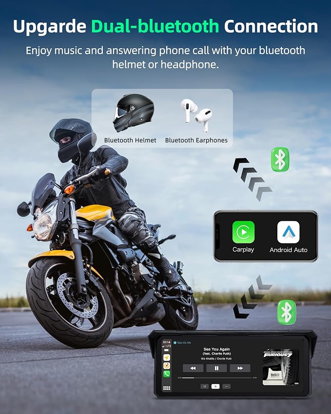 8.1 Inch 4K Motorcycle CarPlay Screen w 4K Dash Cam Wireless Carplay Android Auto Screen for Motorcycle with GPS Navigation Voice Control WiFi Video Dual Bluetooth IPX7 Waterproof Wired Control