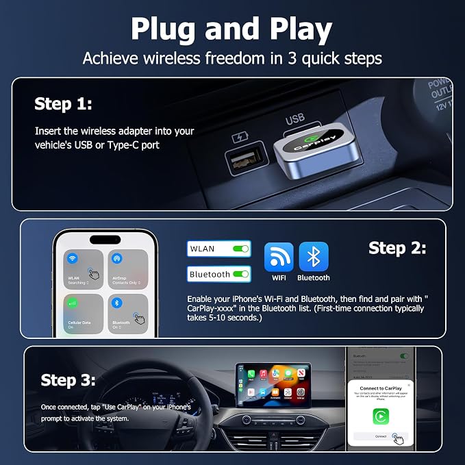 Wireless CarPlay Adapter for iPhone, 2026 Upgraded Carplay Dongle Converts Wired to Wireless, Plug & Play Auto Connect, Mini USB CarPlay Adapter, Stable No Latency Connection Compatible with iOS 10+