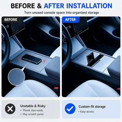Center Console Organizer Tray for Tesla Model 3 Highland 2024-2026, Model Y Juniper 2025-2026 & Model YL, Hidden Storage Insert with Slide Rail Fit, Phone Holder, Armrest Box Accessory