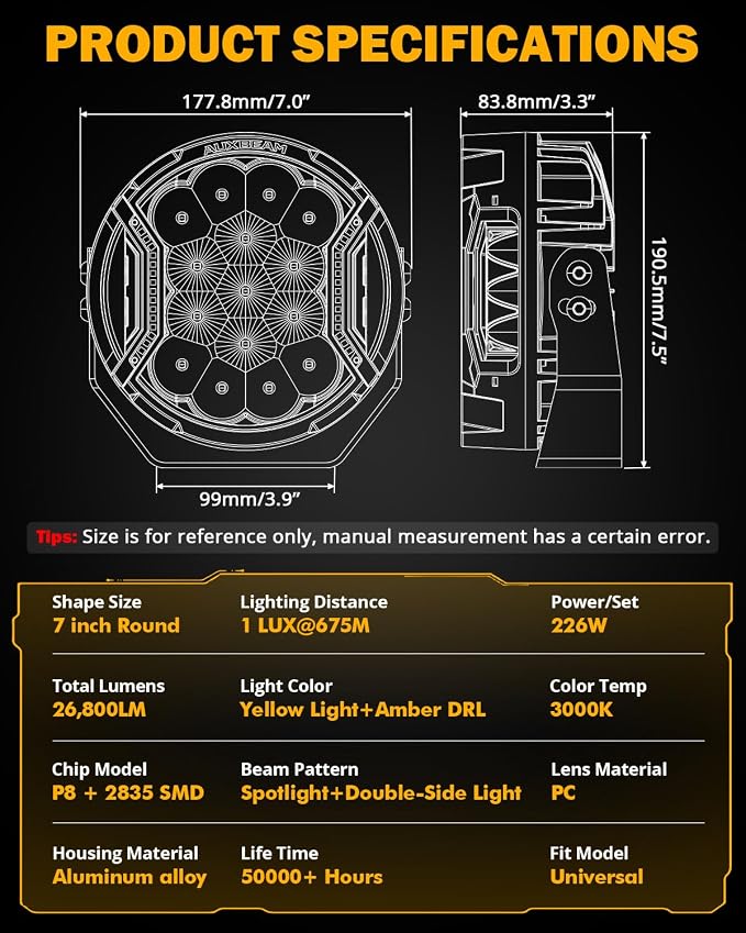 Auxbeam 7 Inch LED Side Shooter Light, V-Ultra Series Round Driving Offroad Lights 226W Hyper Spotlights with Amber DRL, 270° Wide Range Universal Amber Yellow Lights with Black Cover, Pair