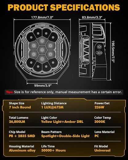 Auxbeam 7 Inch LED Side Shooter Light, V-Ultra Series Round Driving Offroad Lights 226W Hyper Spotlights with Amber DRL, 270° Wide Range Universal Amber Yellow Lights with Black Cover, Pair