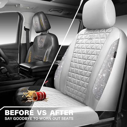 CAR PASS All White Bling Diamond Leather Car Seat Covers Full Sets,Waterproof Shining Glitter Sparkly Crystal Universal Fit for Automotive Truck SUV Cute Women Girl Airbag Compatable,Sliver Rhinestone