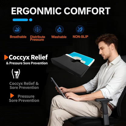 Gel Wheelchair Seat Cushion,Bed Sore Cushions for Butt,hemorrhoid pillow for Chair,Pressure Sore cushion,Memory Foam Butt Pillow,Sciatica,Coccyx,Pressure Ulcer Pain Relief,Washable Cover(Black