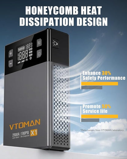 VTOMAN X1 Jump Starter with Air Compressor, Car Battery Jumper Starter (2500A, Up to 8.5L Gas/6L Diesel Engine) with 150PSI Auto Tire Inflator, 12V Portable Booster Pack, Lithium Jump Box Charger-Gray