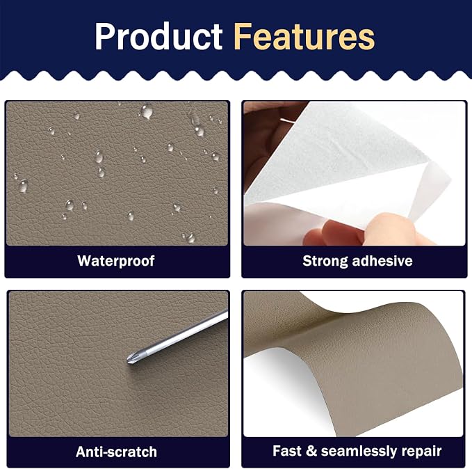 Zenyao Leather Repair Patch Tape - Self Adhesive Leather Repair Kit for Car Seat Furniture, Heavy Duty Vinyl Repair Patch for Couch Sofa, Waterproof for Rips Scratches Tears, 12x30 Inch Roll, Beige
