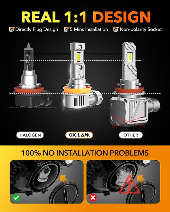 OXILAM Q36 H11 9005 Light Bulbs Combo, 70000lm 900% Brighter 6500K Cool White Light, 1:1 Size 9005/HB3 H11/H9/H8 DRL Fog Light Halogen Replacement, IP68 Waterproof, Pack of 4