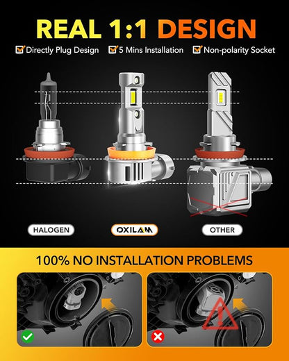 OXILAM Q36 H11 9005 Light Bulbs Combo, 70000lm 900% Brighter 6500K Cool White Light, 1:1 Size 9005/HB3 H11/H9/H8 DRL Fog Light Halogen Replacement, IP68 Waterproof, Pack of 4