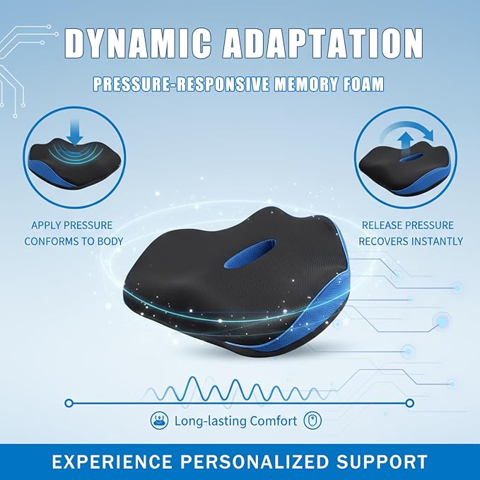Seat Cushion for Tailbone Pain Relief, Memory Foam Seat Chair Cushion, Cushions Pad Pillow for Office, Car Seat, Airplane, for Long Sitting (Navy)