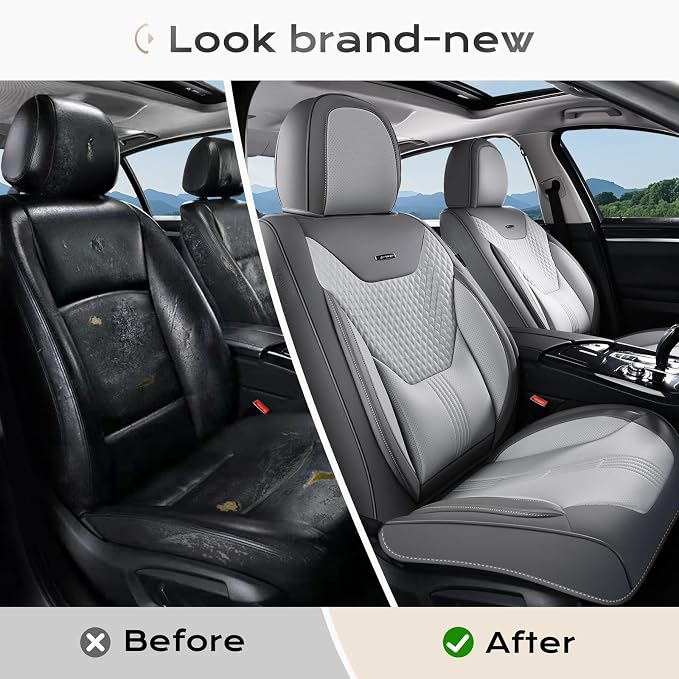 Coverado Car Seat Covers Full Set, Front Seat Covers with Lumbar Support and Back Seat Cover Waterproof Leather Automotive Seat Cover, Universal Car Interior Protectors Cushion for Most Cars