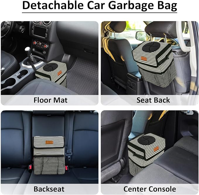 ELONGRIVER Car Trash Can for Car with Lid, Car Organizer Can Trash Bag Hanging Leak Proof Vehicle Trash Can (Stripe Print, 2 Gallons)