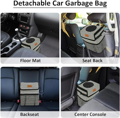 ELONGRIVER Car Trash Can for Car with Lid, Car Organizer Can Trash Bag Hanging Leak Proof Vehicle Trash Can (Stripe Print, 2 Gallons)