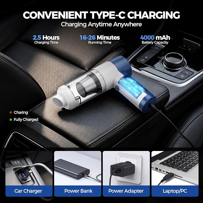 Car Vacuum/Air Duster Portable Cordless - 16000PA High Power Handheld Vacuum with 85,000RPM Brushless Motor, 4-in-1 Rechargeable Mini Vacuum & Blower & Pump for Car Detailing, Home, Office, Pet Hair