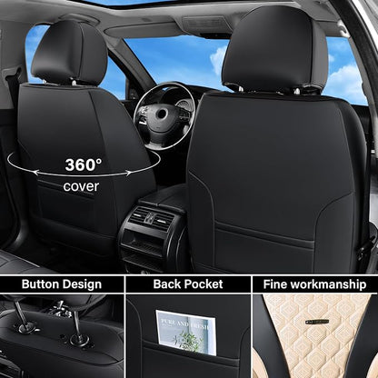 Coverado Car Seat Covers, Seat Covers Full Set, Black Beige Car Seat Cover, Perforated Diamond Leather Seat Covers for Cars, Luxury Car Seat Cushion, Auto Seat Covers Universal Fit Most Cars