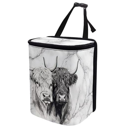 Talayituse Highland Cattle Marble Print Car Trash Bin, Large Size Auto Trash Can Adjustable Portable Garbage Can with Lid, Vehicle Hanging Bag for Headrest Front Back Seat
