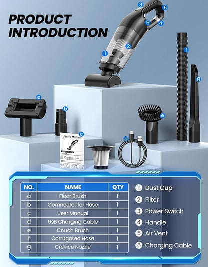 Handheld Vacuum Cordless, 26,000 Pa High Power Suction, Portable Rechargeable Car Vacuum Cleaner for Home, Office, Pet Hair, Car Detailing, Black