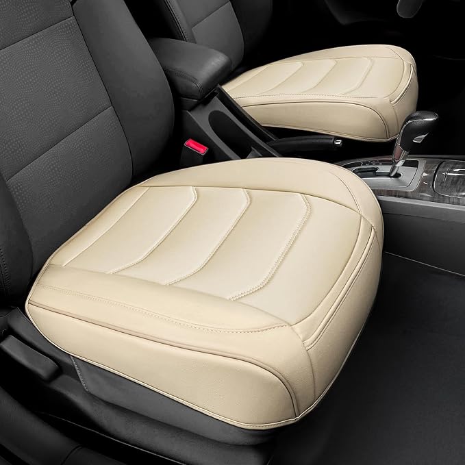 BOPUOVRE Car Seat Cover for Luxury & Comfort - PU Leather, Anti-Slip, Full Wrap Protection with Storage Pocket for Bottom Cushion - Universal Fit for 95% of Vehicles （Yellowish-White,1 Piece