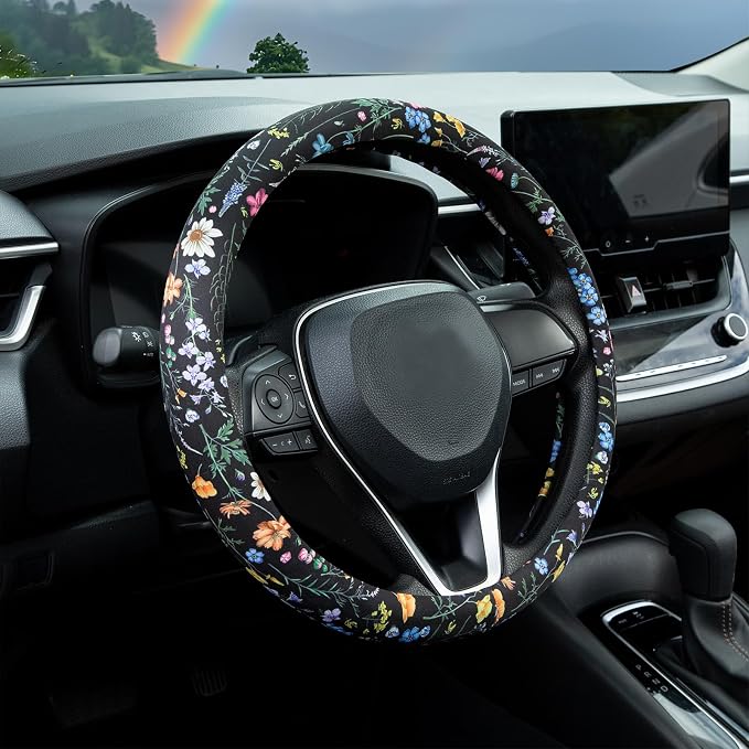 Multicolor Wildflower Steering Wheel Cover Auto Steering Wheel Protector, Anti-Slip, Breathable, Absorbing Sweat, Universal Floral Car Accessories 14.5–15 inch