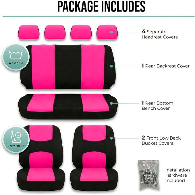 FH Group Bright Flat Cloth Full Set Automotive Seat Covers Front Set and Rear Solid Bench Pink Black Seat Covers w. Gift Universal Fit Interior Accessories for Cars Trucks and SUVs