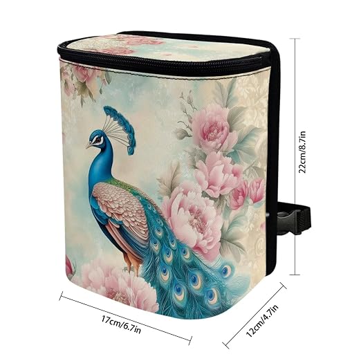 Talayituse Vintage Peacock Flower Print Car Trash Bin, Large Size Auto Trash Can Adjustable Portable Garbage Can with Lid, Vehicle Hanging Bag for Headrest Front Back Seat