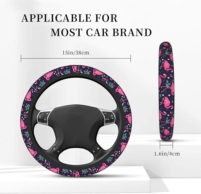 Flamingo Steering Wheel Cover for Women, Universal Auto Steering Wheel 14-15 Inch Car Interior Accessories with 2PCS Car Coasters, Suitable for Men and Women