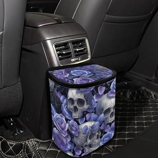 Talayituse Skull Rose Print Car Trash Can Portable Auto Garbage Bin Multifunctional Vehicle Interior Accessories with Adjustable Straps Universal Fit Truck SUV Sedan