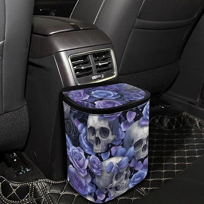 Talayituse Skull Rose Print Car Trash Can Portable Auto Garbage Bin Multifunctional Vehicle Interior Accessories with Adjustable Straps Universal Fit Truck SUV Sedan