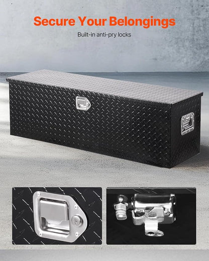 VEVOR Heavy Duty Aluminum Truck Bed Tool Box, Diamond Plate Tool Box with Side Handle and Lock Keys, Storage Toolbox Chest Organizer for Trailer, Pickup, Truck Bed, RV, 49"x15"x15", Black