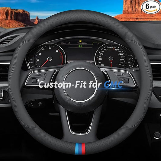Deer Route Custom-Fit for GMC Steering Wheel Cover, Premium Leather Car Steering Wheel Cover with Logo, Non-Slip, Breathable, for GMC Accessories (D-Style,for GMC)