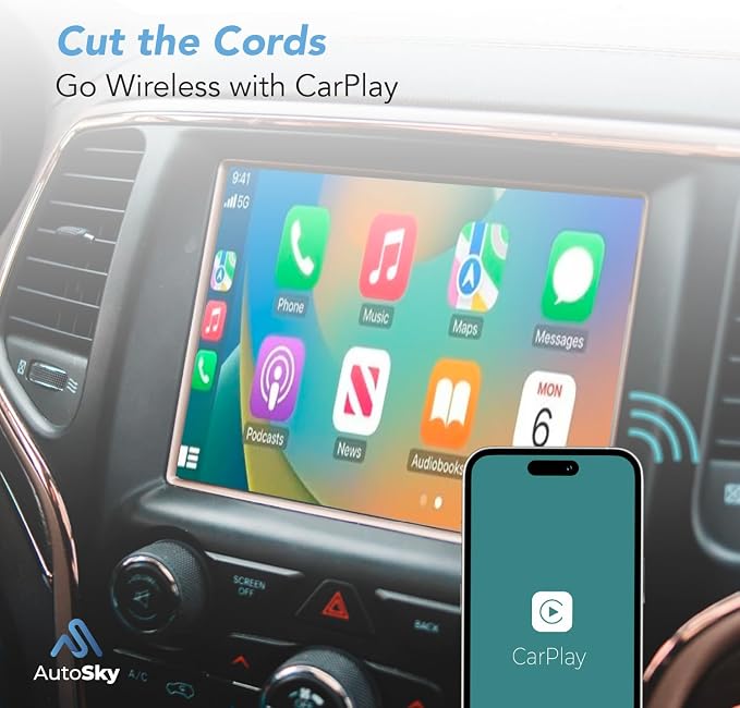 Wireless CarPlay Adapter - Fastest 5Ghz - AutoSky - Plug and Play - USB-C and USB-A Cables - Wired CarPlay Required