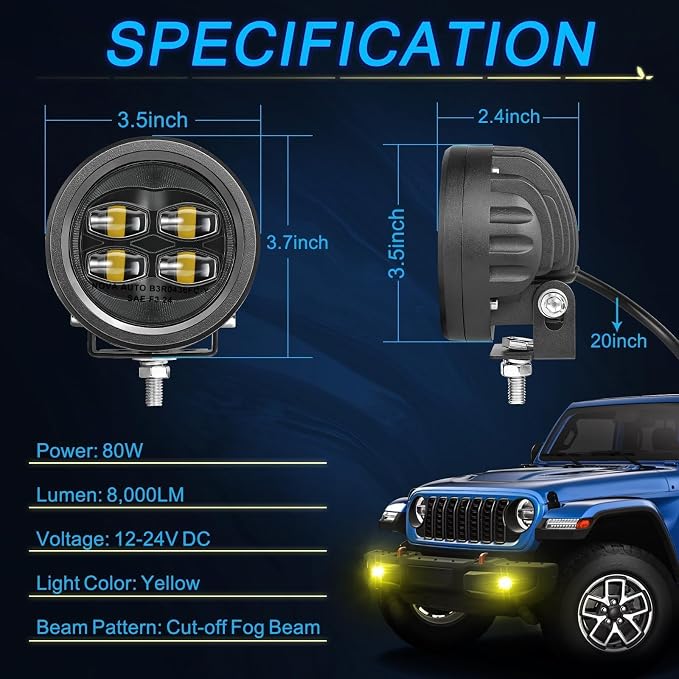 SAE Yellow Fog Lights, ACEC SHOP 2PCS 80W 3.5 Inch Round LED Fog Light Bars DOT Approved Street Legal Amber Pods Off Road Driving Light for Truck Pickup Wrangler Tacoma Tundra F150 UTV SUV Motorcycle
