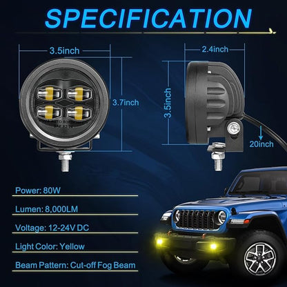 SAE Yellow Fog Lights, ACEC SHOP 2PCS 80W 3.5 Inch Round LED Fog Light Bars DOT Approved Street Legal Amber Pods Off Road Driving Light for Truck Pickup Wrangler Tacoma Tundra F150 UTV SUV Motorcycle
