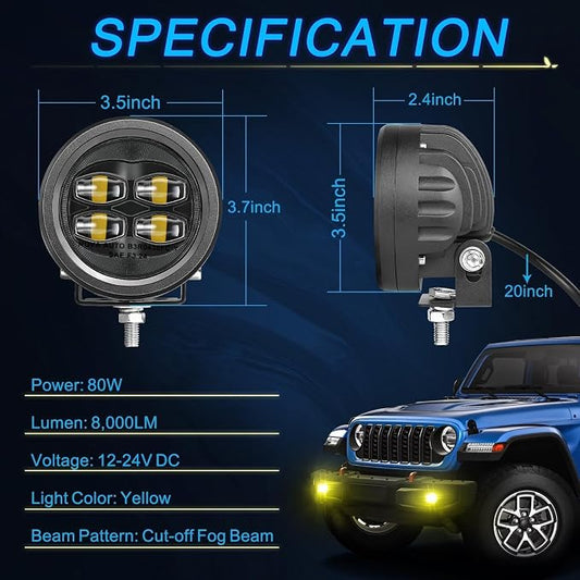 SAE Yellow Fog Lights, ACEC SHOP 2PCS 80W 3.5 Inch Round LED Fog Light Bars DOT Approved Street Legal Amber Pods Off Road Driving Light for Truck Pickup Wrangler Tacoma Tundra F150 UTV SUV Motorcycle