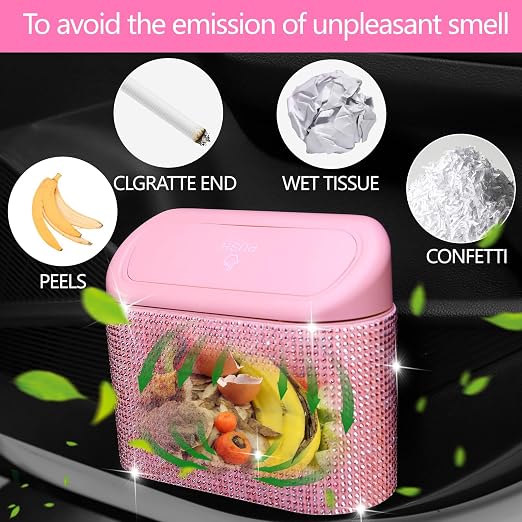 NBTEPEM Bling Pink Car Trash Can with Lid - 2 Pack, Mini Auto Garbage Can with 60 Trash Bags, Automotive Garbage Container Bin, Bling Car Accessories Trash Can for Women (Pink Diamond)
