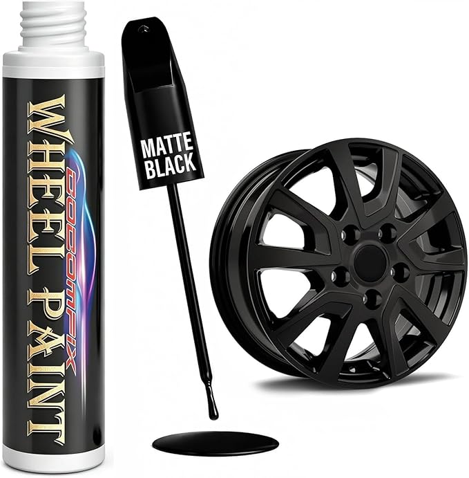 Matte Black Rim Touch Up Paint, 2-in-1 Matte Black Paint Pen for Metal, Enamel, Wheel Scratch Repair Kit for Curb Rash, Flat/Satin Black Automotive Paint for Car Alloy Wheels & Metal (1 fl oz)