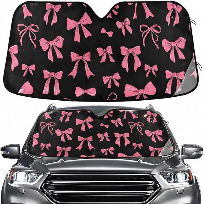 Windshield Sun Shade Pink Bow Front Window Block UV Shades Visor Reflective Retractable for Car SUV Trucks