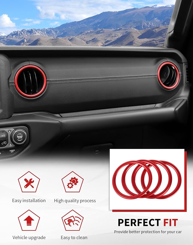 JWWY JL AC Air Vent Trim Rings & Dashboard Headlight Switch Decor Switch Knob Cover Kit Fit for 2018-2023 Jeep Wrangler JL JLU Interior Accessories, Aluminum Alloy 8PCS Red