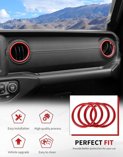 JWWY JL AC Air Vent Trim Rings & Dashboard Headlight Switch Decor Switch Knob Cover Kit Fit for 2018-2023 Jeep Wrangler JL JLU Interior Accessories, Aluminum Alloy 8PCS Red