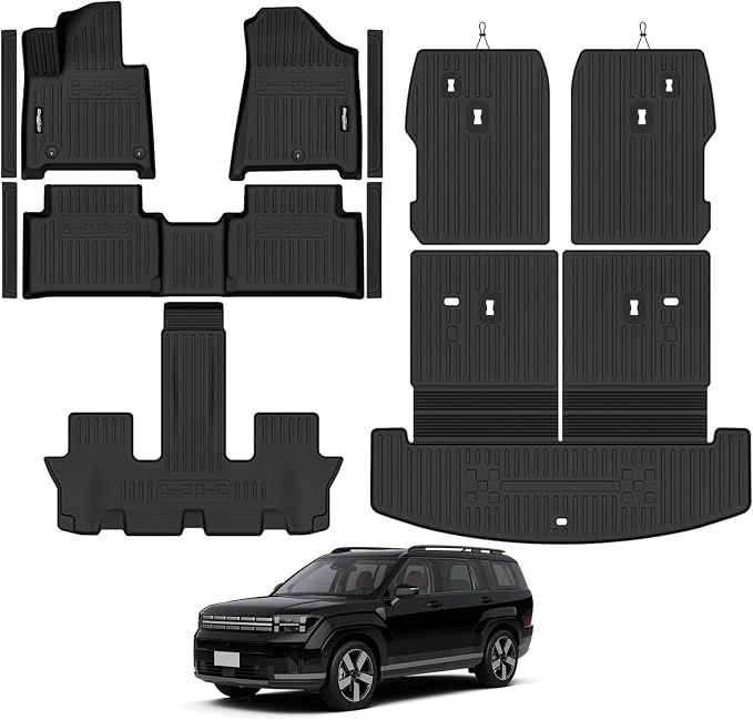 Floor Mats for 2024 2025 2026 Hyundai Santa Fe 6 Seats/Captain Seat, Trunk Mat with Backrest Mat & Door Sill Guard All Weather TPE Protector for Hyundai Santa Fe Accessories