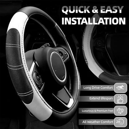 NBTEPEM 10 Pcs Car Floor Mats Full Set & Sport Leather Steering Wheel Cover 14.5-15 inch, Center Console Cover, Seat Belt Cushion, Cup Holder Coaster, Universal Automobile Interior Sets (White)
