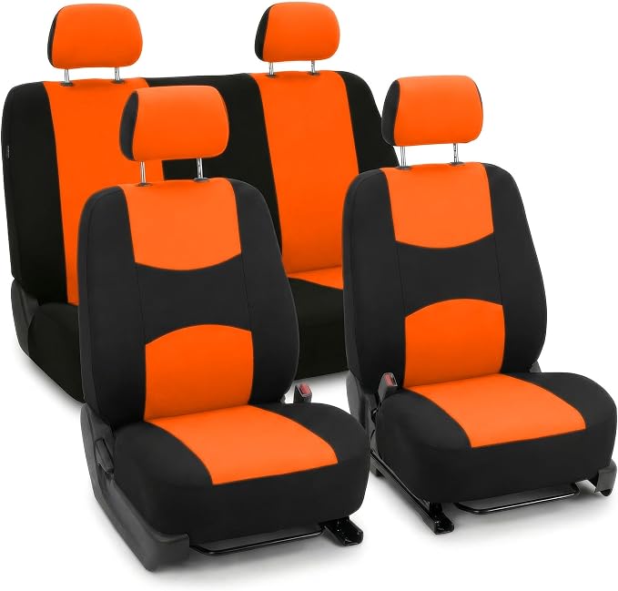 FH Group Bright Flat Cloth Full Set Automotive Seat Covers Front Set and Rear Solid Bench Orange Black Seat Covers w. Gift Universal Fit Interior Accessories for Cars Trucks and SUVs